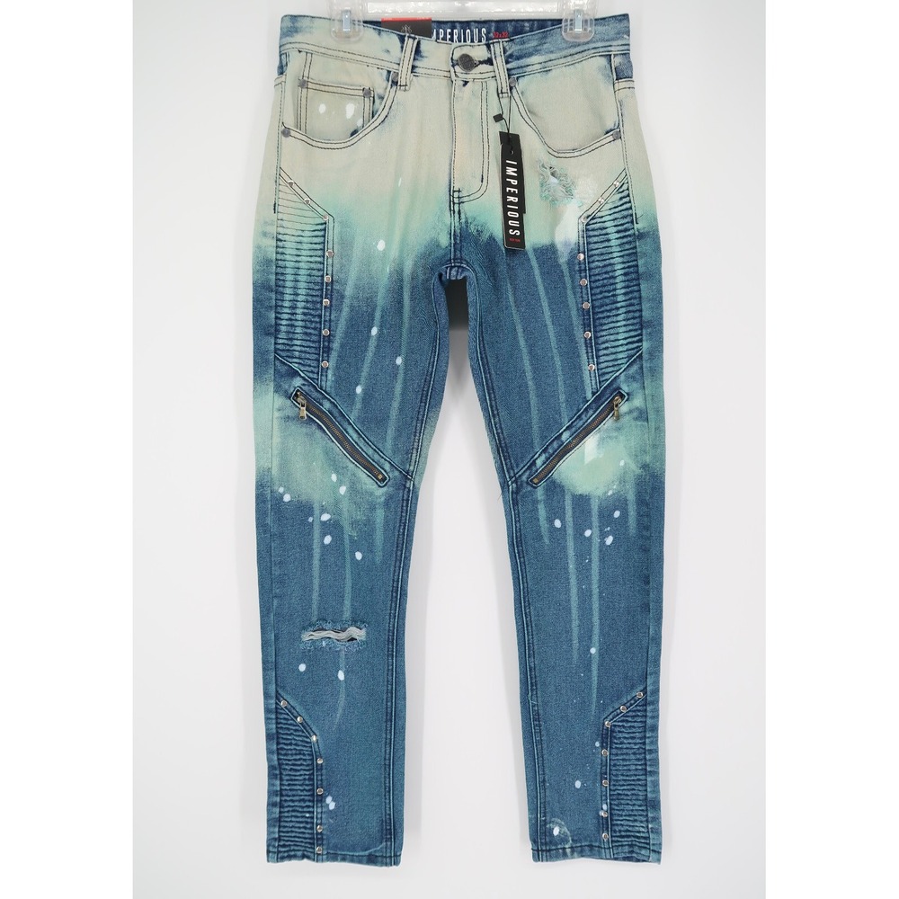 Imperious Moto Slim Fit Jeans Mens 32x32 Blue Teal Ombre Paint‎ Splatter DP656